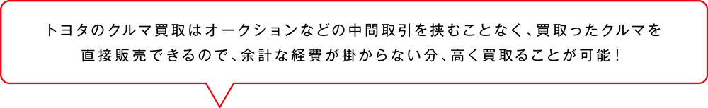 トヨタのクルマ買取はオークションなどの中間取引を挟むことなく、買取ったクルマを直接販売できるので、余計な経費が掛からない分、高く買取ることが可能！